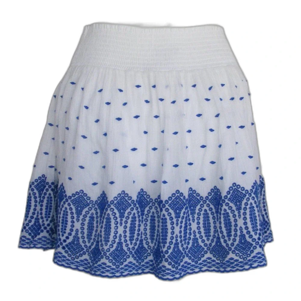 J.CREW Skirt, XS, Smock waist, White/Blue Gauze, Above the knee, Eyelet hem